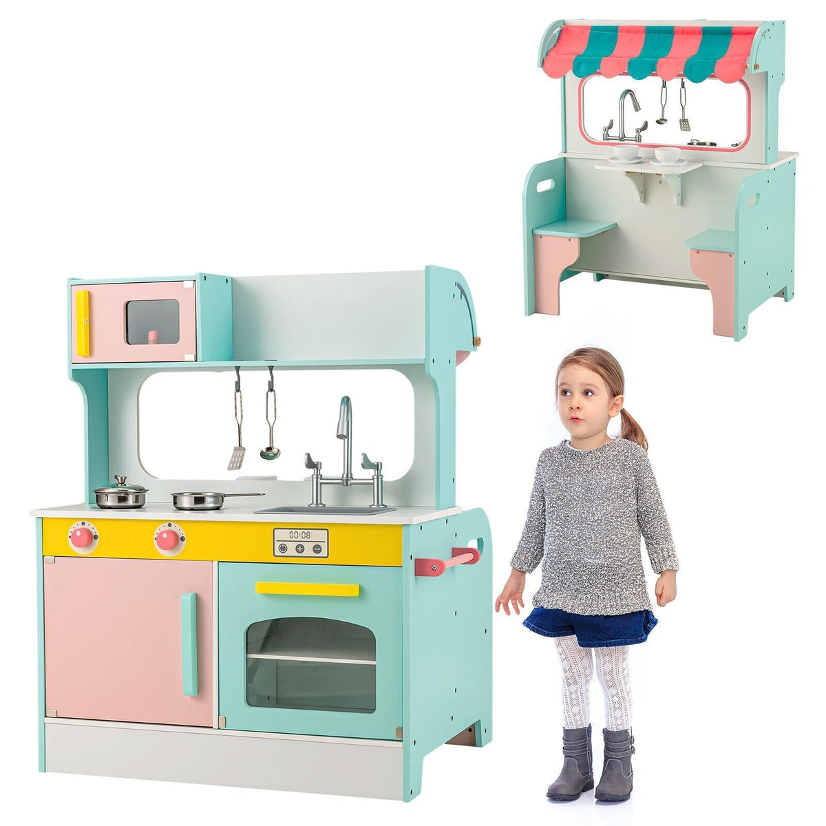 Montessori Two Sided Kids Play Kitchen & Diner | Cooking Playset | 3 Years+ | 2 Colours