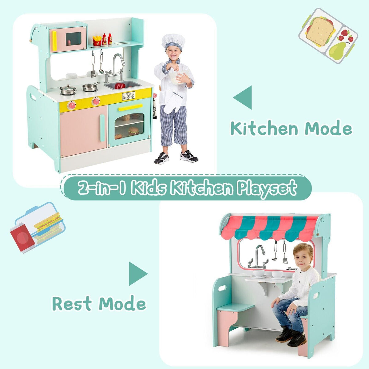 Montessori Two Sided Kids Play Kitchen & Diner | Cooking Playset | 3 Years+ | 2 Colours