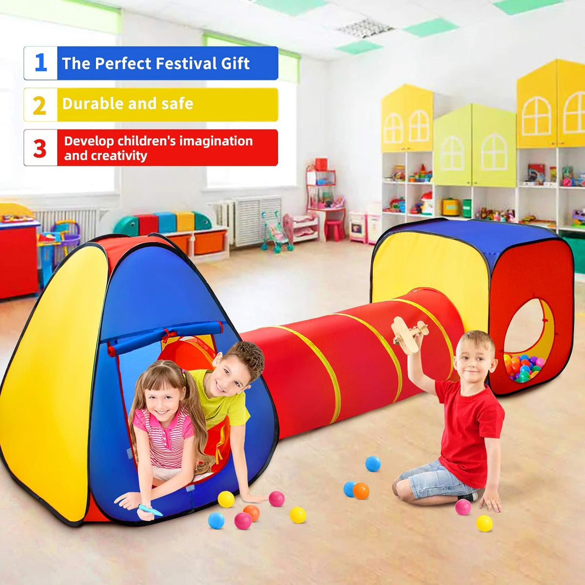 Kids 3 Part Play Tent with Ball Pit Play Tunnel Teepee Tent Pop Up Playhouse Den