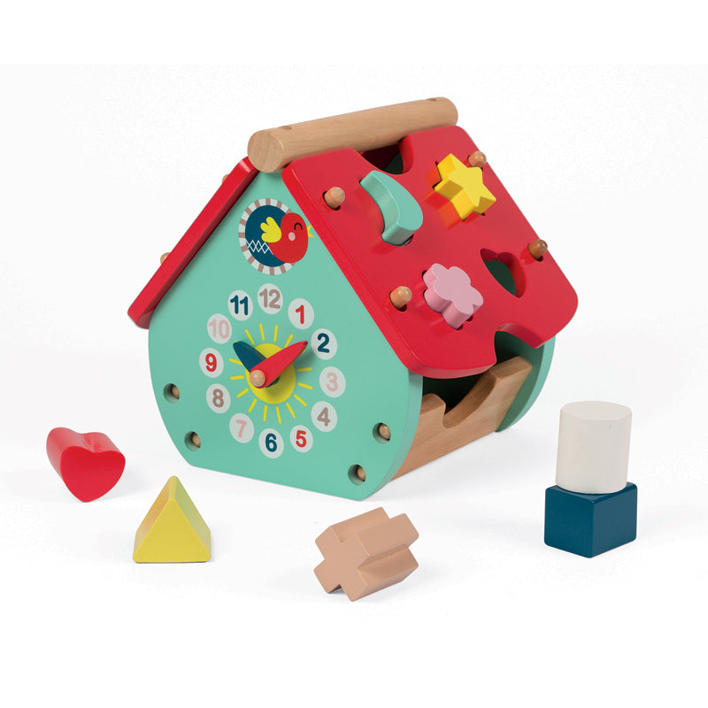 Montessori Wooden Kids Toy, House Shape Sorter With Clock