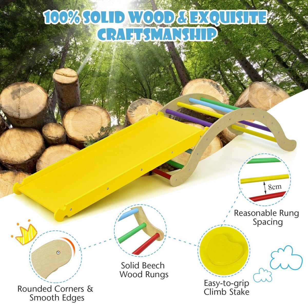 Rainbow Wooden Gym for Child Montessori Pine Wood Playground 