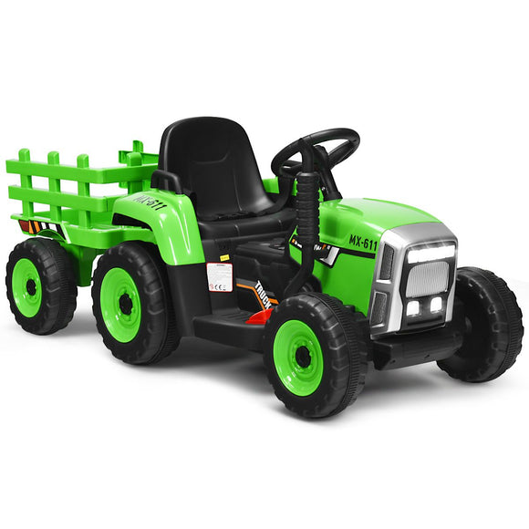 Montessori Electric Car | 12V Kids Ride On Tractor with Trailer Music and LED Lights | Lime Green