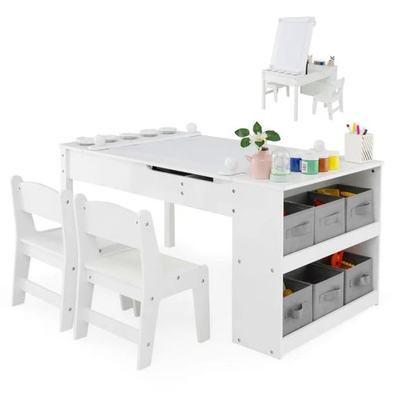 Montessori Art Table & 2 Chairs Set | Easel | 6 Storage Boxes | Paper Roller | White