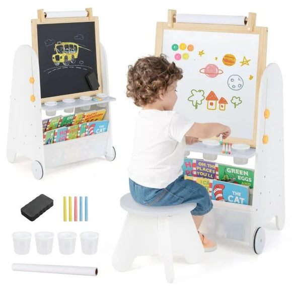 Childrens easel on wheels - height adjustable and packed with features - white and light grey finish