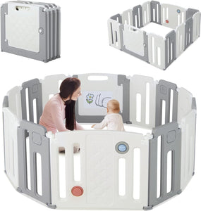 14 Panel Foldable & Modular Baby Playpen | Ball Pool | Grey & White