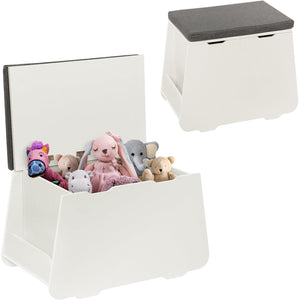 Montessori Wooden Toy Box with Lid | Grey Padded Seat | Storage Chest | White