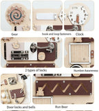 Little Helpers Montessori Busy Board includes a clock, a gear, locks, loops and fasteners, bells and more!