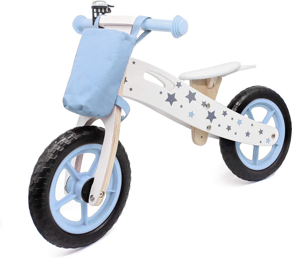 Wooden Balance Bike Kids Running Walking Lightweight Training Bikes + Bell & Basket (Blue)