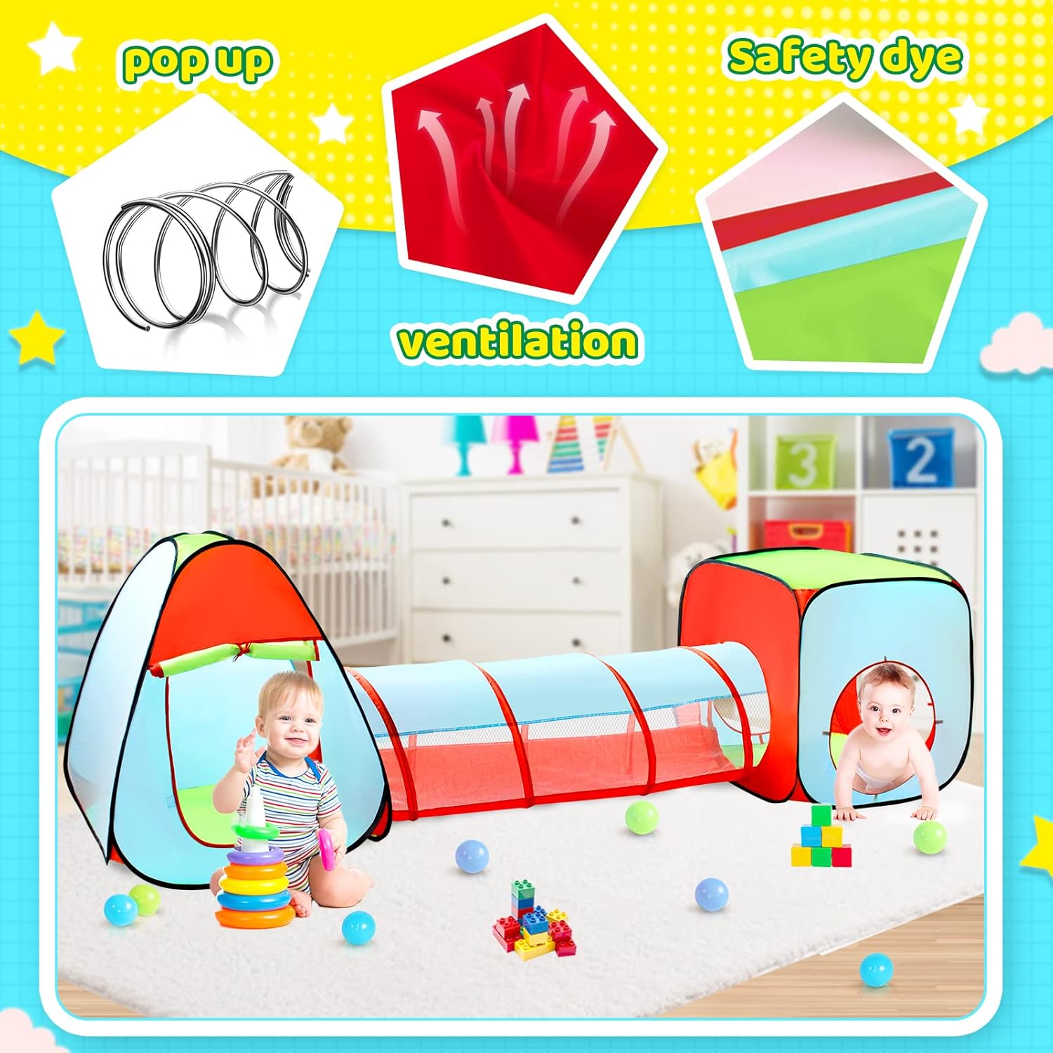 Kids Pop up Play Tent Ball Pit Tunnel Den Indoors Outdoors www.littlehelper