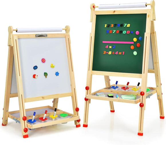 3-in-1 Wooden Height Adjustable Kids Art Easel | Paper Roller | Blackboard & Magnetic Whiteboard 