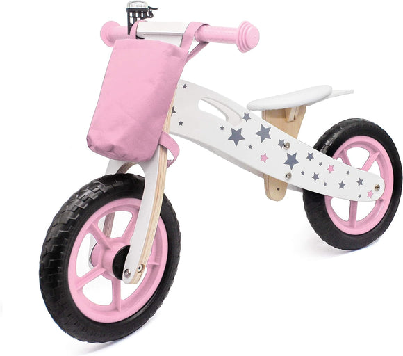 Wooden Balance Bike Kids Running Walking Lightweight Training Bikes + Bell & Basket (Pink)