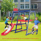 Children's Multi Purpose 7-in-1 Indoor & Outdoor Montessori Climbing Gym with Slide with Basketball Hoop