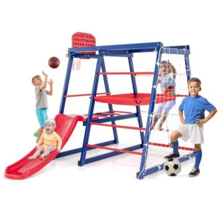 Children's Multi Purpose 7-in-1 Indoor & Outdoor Montessori Climbing Gym with Slide  & Basketball Hoop