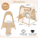 Slide, climb, hide, swing and crawl with this indoor wooden swing and slide set with climbing wall, rope ladder and monkey bars