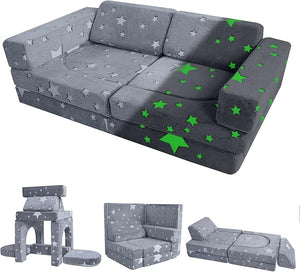 10 PC Glow-in-the-Dark Montessori Modular Soft Play Set | Foam Building Blocks | Sofa Couch | Grey