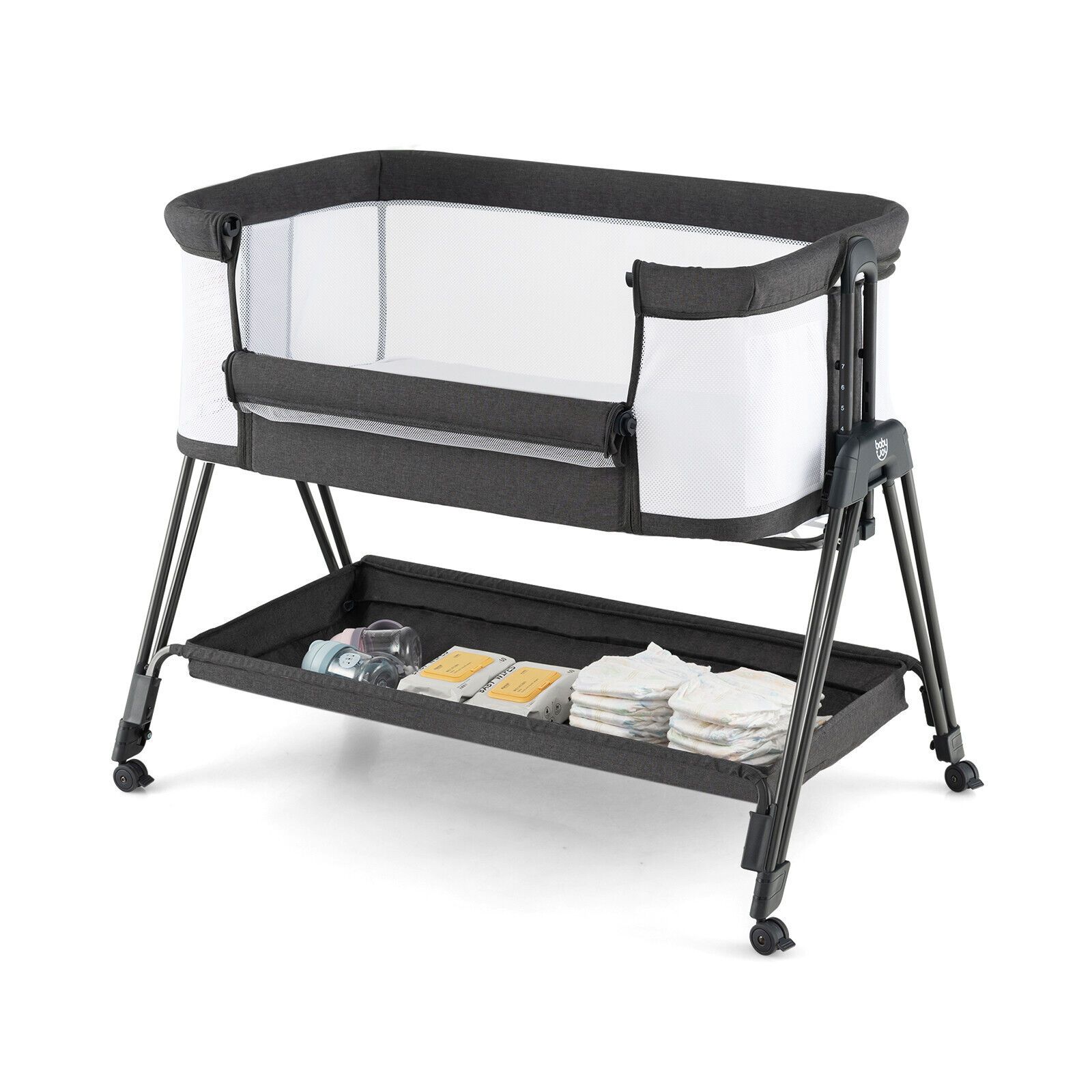 Adjustable Height Next to Me Baby Crib with Mattress Soft Grey www.littlehelper