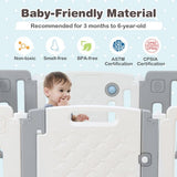 Baby playpen in grey and white and packed with safety features