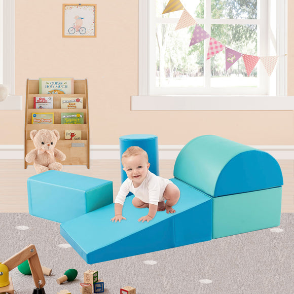 Montessori Soft Play Equipment | Pikler 5 Piece Foam Soft Play Set | Soft Play Slide & Bridge | Blues Set | 1-3 years