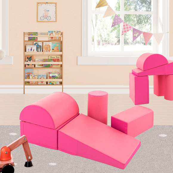 Montessori Soft Play Equipment | Pikler 5 Piece Foam Soft Play Set | Soft Play Slide & Bridge | Hot Pink | 1-3 years