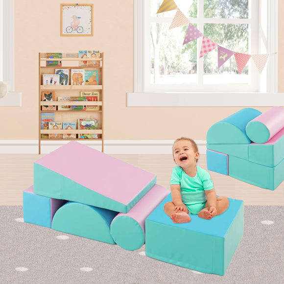 Montessori Soft Play Equipment | Pikler 5 Piece Foam Soft Play Set | Soft Play Slide & Bridge | Pastel Mints | 1-3 years