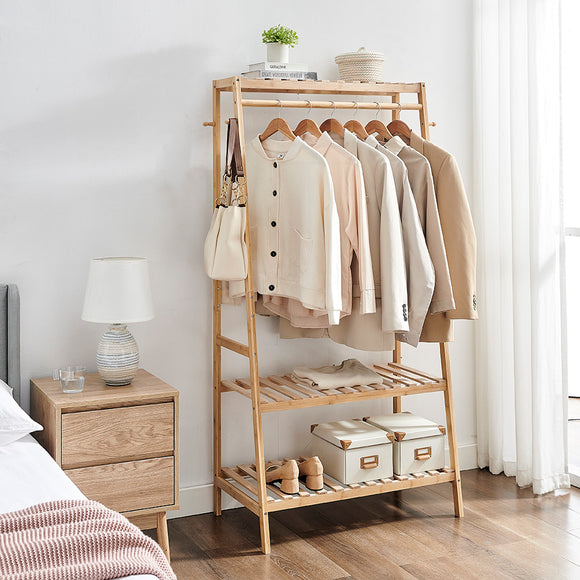 Eco 100% Bamboo Wood |  Freestanding Clothes Rack with 3 Shelves & Side Hooks  | Natural | 1.64m High