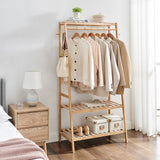 Eco 100% Bamboo Wood |  Freestanding Clothes Rack with 3 Shelves & Side Hooks  | Natural | 1.64m High