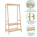 Heavy Duty Eco 100% Bamboo Wood |  Freestanding Clothes Rack with 3 Shelves & Side Hooks  | Natural | 1.64m High