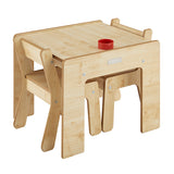 High quality and compact toddler table with 2 chairs fitting under the table for storage