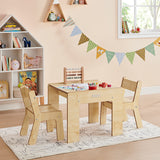 Natural finish Wood toddler table and chairs set, developed to comfortably accommodate two children both using A4 paper.