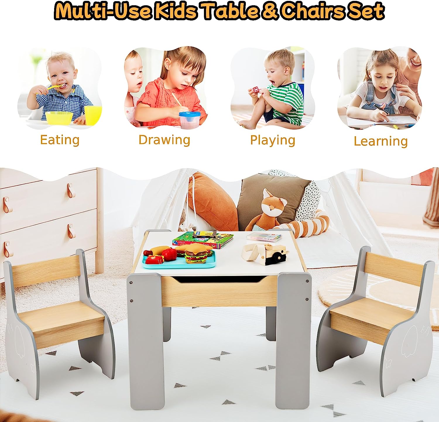 Elephant Kids Table and 2 Chairs Set Reversible Blackboard Tabletop www.littlehelper