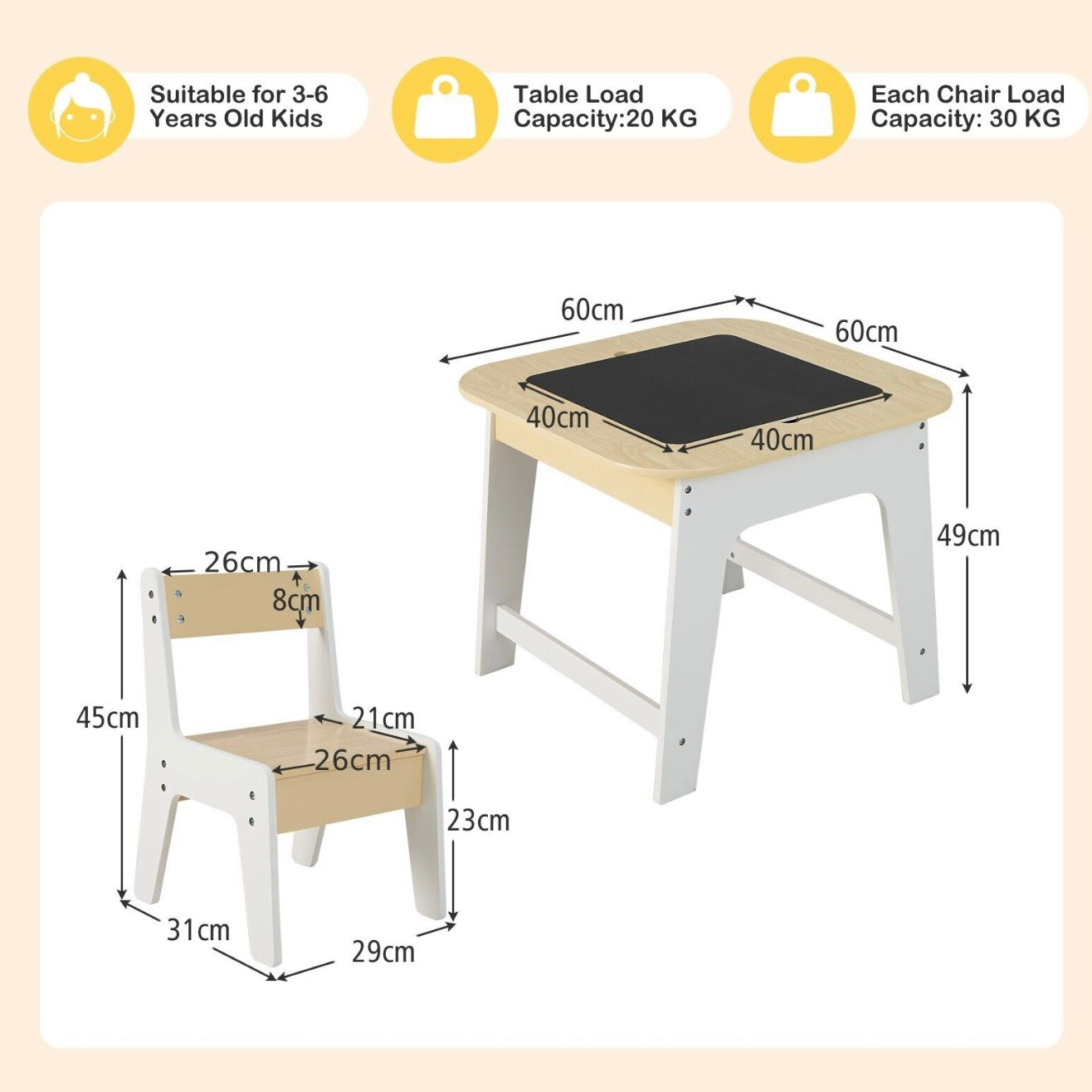 Wooden Kids Table and 2 Chairs Set Double Sided Table Top Storage www.littlehelper