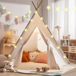 Eco-friendly Kids White Teepee Tent | Foldable with Fairy Lights| Playhouse | Cotton