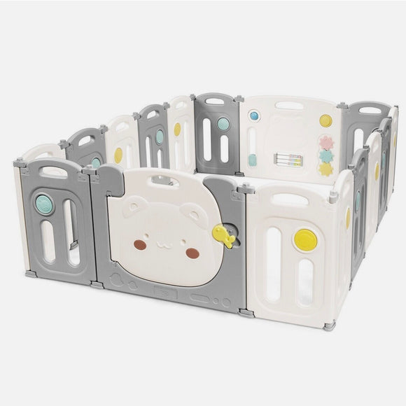 16 Panel Bear Non-Toxic Recyclable Foldable Baby Playpen | Beige & Grey