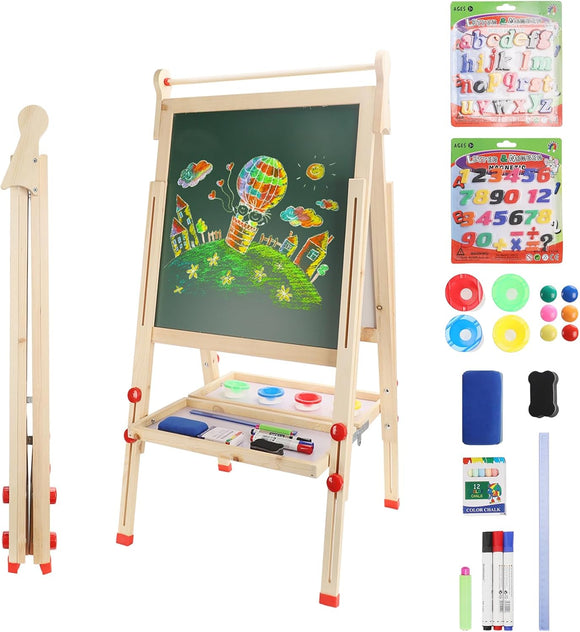 Height Adjustable Double Sided Easel | Whiteboard, Blackboard | Paper Roller | Paint Pots | Art Supplies