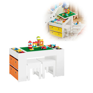 Montessori Art Table & 2 Stools Set | 8 Storage Boxes | Reversible Lego Table for Desk | White | 3 Years+