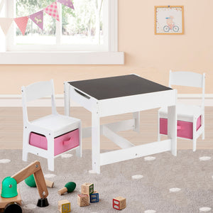 Kids 4-in-1 Montessori Table & Chairs | Reversible Top | Blackboard | Pink Storage Drawers