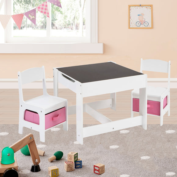 Kids 4-in-1 Montessori Table & Chairs | Reversible Top | Blackboard | Pink Storage Drawers