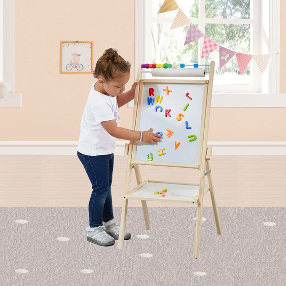 Childrens Wooden 4-in-1 Double Sided Easel | Paper Roll | Counting Beads| 35pc Accessories