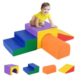 Soft play equipment in primary colours for babies and toddlers including stairs, steps and a tunnel