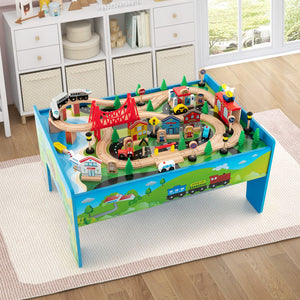 80-Piece Wooden Train Table | Activity Playset with Reversible Top