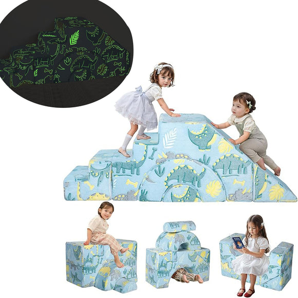 Fantastic glow in the dark kids soft play equipment made up of 5 pieces to make endless shapes in a cute dinosaur design