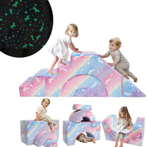 Turn off the lights and watch the unicorns come to life and magically illuminate on this cute kids soft play set for home.