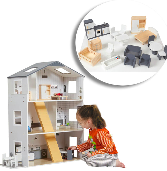 Large Montessori Detailed & Realistic Wooden Dolls House | 3 Storey Dollhouse | 18 Furniture Pieces