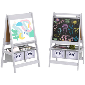 Montessori Childrens Easel | Double Sided Whiteboard & Chalkboard Painting Easel with Paper Roll | 2 Storage Boxes | Grey 