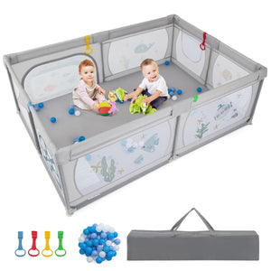 XXL Baby Playpen and Ball Pool with Carry Bag  & Pull-up Rings| Mesh Fabric | 2. x 1.47m | Fish Friends | Grey