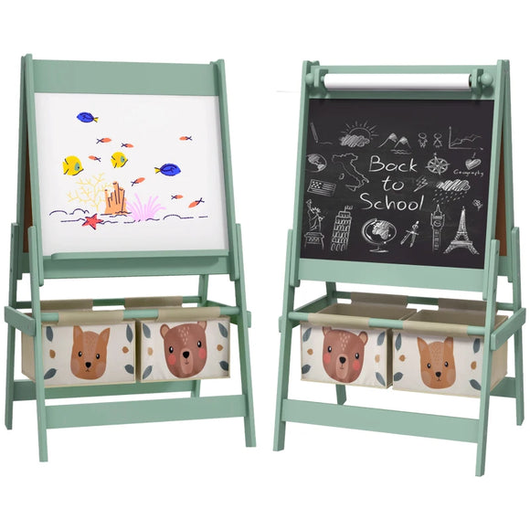 Montessori Easel | Double Sided Whiteboard & Chalkboard Painting Easel with Paper Roll | 2 Storage Boxes | Sage Green