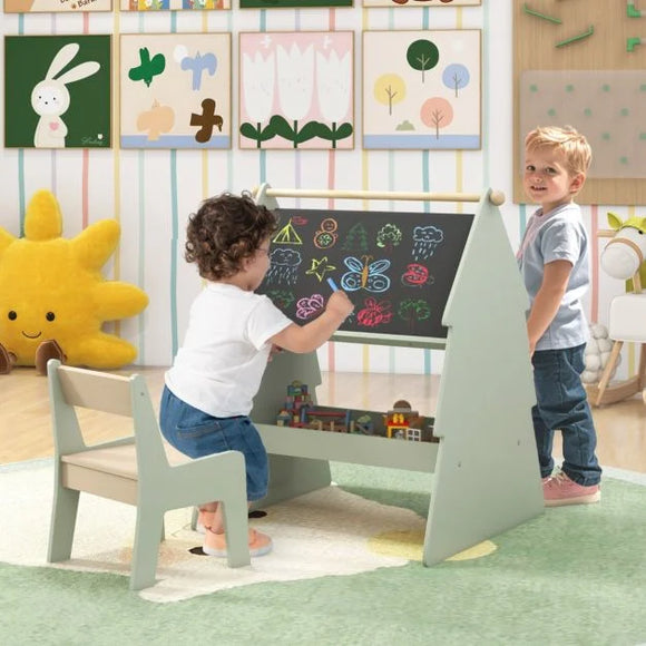 Montessori double sided childrens easel with paper roll, chair and storage