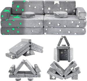 10 PC Glow-in-the-Dark Montessori Modular Soft Play Set | Foam Building Blocks | Sofa Couch | Grey