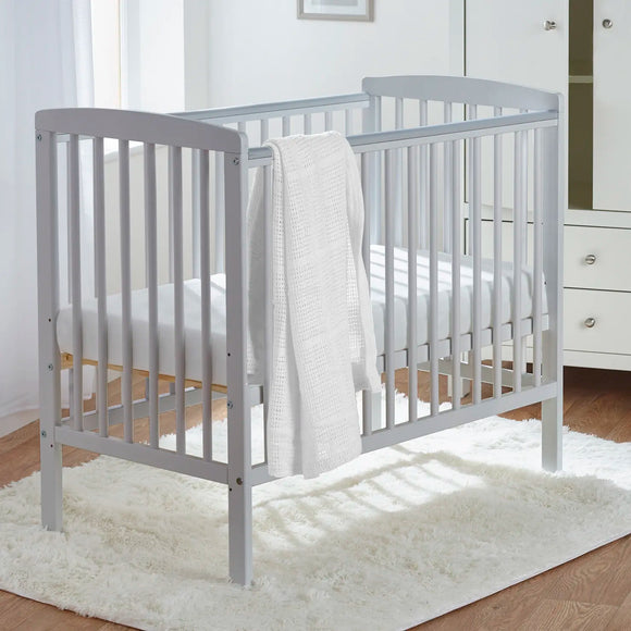 Eco-Conscious Kozie Cot | Space Saving Baby Cot | With Deluxe Foam Mattress & Blanket Option | Solid Pine | Soft Grey