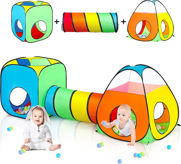 Kids Play Tent with Ball Pit+Play Tunnel+Teepee Tent, Pop Up Toddlers Playhouse for Boys and Girls Gift, Collapsible Children Play Tent Toy Indoor and Outdoor Games (Colorful Fort)